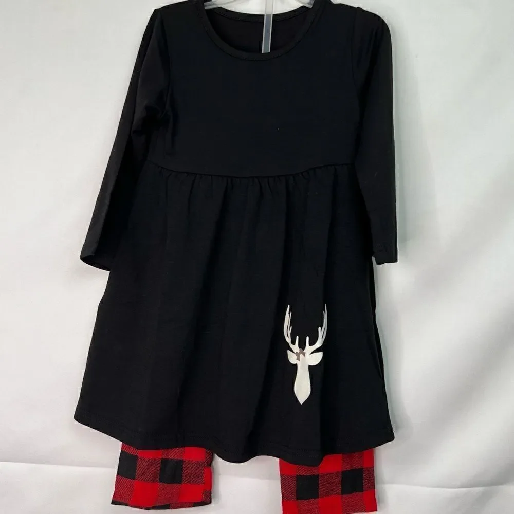 Holiday black dress with moose and red and black buffalo plaid pants 2 piece set